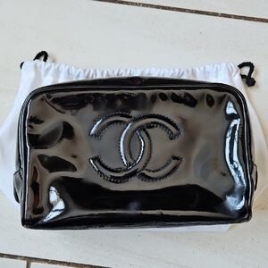 CHANEL Black Patent Leather Cosmetic Bag